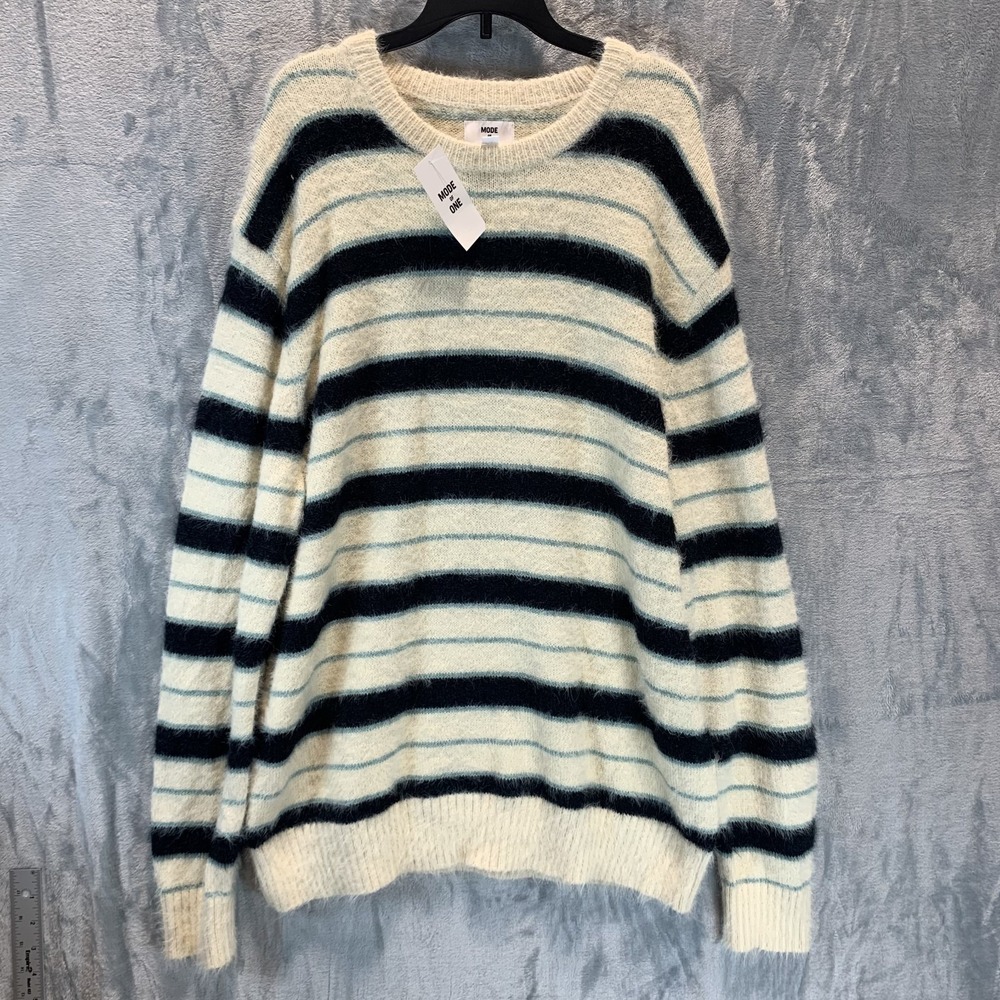 Mode Of One Men's Relaxed-Fit Eyelash‎ Yarn Striped Sweater Dark Ecru Large NWT